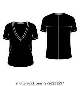 Deep V neck t-shirt silhouette vector illustration with back seam detail for casual women fashion apparel design mockup template
