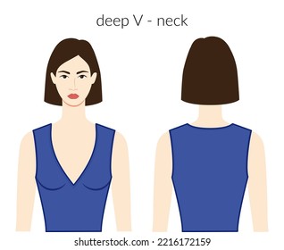 Deep V - neckline clothes character beautiful lady in blue top, shirt, dress technical fashion illustration with fitted body. Flat apparel template front, back sides. Women, men unisex CAD mockup