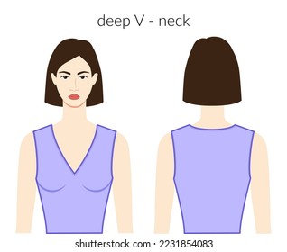 Deep V - neckline clothes character beautiful lady in lavanda top, shirt, dress technical fashion illustration with fitted body. Flat apparel template front, back sides. Women, men unisex mockup