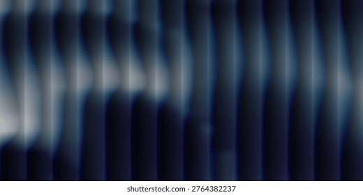 Deep vertical reeded glass texture, blue black gradient with frozen refraction. Ribbed pattern background, vector modern