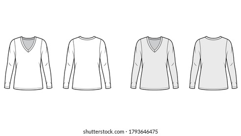 Deep V-neck jersey sweater technical fashion illustration with long sleeves, oversized body, tunic length. Flat shirt apparel template front back white grey color. Women men unisex outfit top mockup