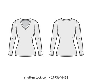 Deep V-neck jersey sweater technical fashion illustration with long sleeves, close-fitting shape tunic length. Flat shirt apparel template front back grey color. Women men unisex outfit top CAD mockup