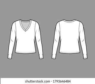 Deep V-neck jersey sweater technical fashion illustration with long sleeves, oversized body. Flat shirt apparel template front, back, white color. Women, men, unisex outfit top CAD mockup