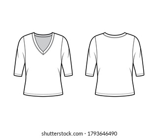 Deep V-neck jersey sweater technical fashion illustration with elbow sleeves, oversized body. Flat shirt apparel template front, back white color. Women, men unisex outfit top CAD mockup