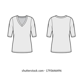 Deep V-neck jersey sweater technical fashion illustration with elbow sleeves, oversized body, tunic length. Flat shirt apparel template front, back grey color. Women, men unisex outfit top CAD mockup