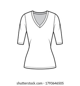 Deep V-neck jersey sweater technical fashion illustration with elbow sleeves, close-fitting shape, tunic length. Flat shirt apparel template front white color. Women men unisex top CAD mockup