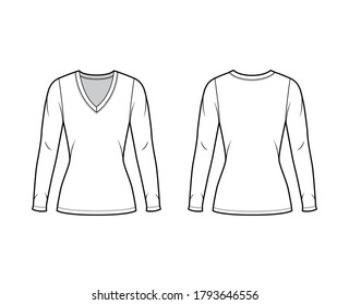 Deep V-neck jersey sweater technical fashion illustration with long sleeves, close-fitting shape, tunic length. Flat shirt apparel template front back white color. Women men unisex outfit top mockup