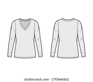 Deep V-neck jersey sweater technical fashion illustration with long sleeves, oversized body, tunic length. Flat shirt apparel template front back grey color. Women men unisex outfit top CAD mockup