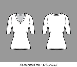 Deep V-neck jersey sweater technical fashion illustration with elbow sleeves, close-fitting shape, tunic length. Flat shirt apparel template front back white color. Women men unisex top CAD mockup