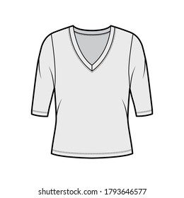 Deep V-neck jersey sweater technical fashion illustration with elbow sleeves, oversized body. Flat shirt apparel template front, grey color. Women, men unisex outfit top CAD mockup