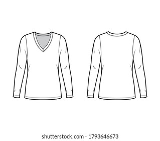 Deep V-neck jersey sweater technical fashion illustration with long sleeves, oversized body, tunic length. Flat shirt apparel template front back white color. Women men unisex outfit top CAD mockup