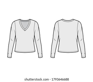 Deep V-neck jersey sweater technical fashion illustration with long sleeves, oversized body. Flat shirt apparel template front, back, grey color. Women, men, unisex outfit top CAD mockup