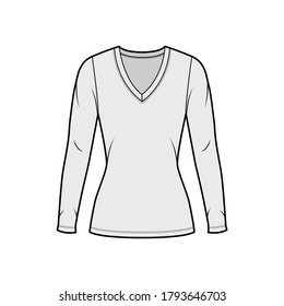 Deep V-neck jersey sweater technical fashion illustration with long sleeves, close-fitting shape tunic length. Flat shirt apparel template front grey color. Women men unisex outfit top CAD mockup