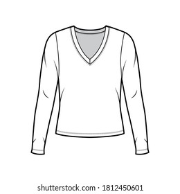 Deep V-neck jersey sweater technical fashion illustration with long sleeves, oversized body. Flat shirt apparel template front, white color. Women, men, unisex outfit top CAD mockup