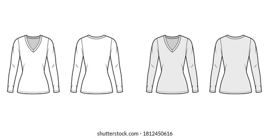 Deep V-neck jersey sweater technical fashion illustration with long sleeves, close-fitting shape tunic length. Flat shirt apparel template front back white grey color. Women men unisex outfit top CAD