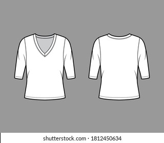 Deep V-neck jersey sweater technical fashion illustration with elbow sleeves, oversized body. Flat shirt apparel template front, back white color. Women, men unisex outfit top CAD mockup