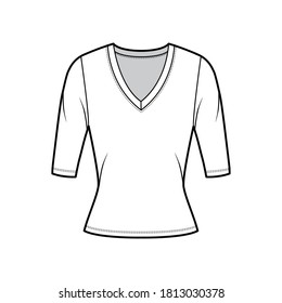 Deep V-neck jersey sweater technical fashion illustration with elbow sleeves, close-fitting shape. Flat shirt apparel template front, white color. Women, men, unisex outfit top CAD mockup