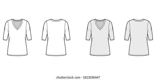 Deep V-neck jersey sweater technical fashion illustration with elbow sleeves, oversized body, tunic length. Flat shirt apparel template front, back white grey color. Women, men unisex outfit top CAD