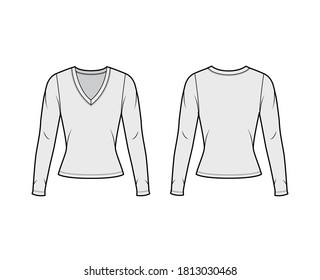 Deep V-neck jersey sweater technical fashion illustration with long sleeves, close-fitting shape. Flat apparel shirt template front, back, grey color. Women men, unisex outfit top CAD mockup