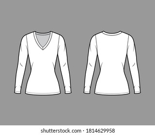 Deep V-neck jersey sweater technical fashion illustration with long sleeves, close-fitting shape, tunic length. Flat shirt apparel template front, back white color. Women men unisex outfit top mockup