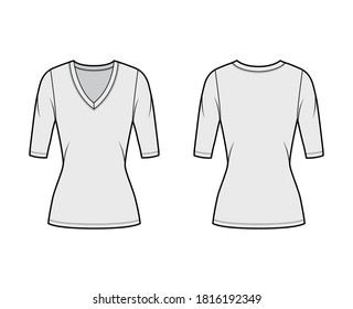 Deep V-neck jersey sweater technical fashion illustration with elbow sleeves, close-fitting shape, tunic length. Flat shirt apparel template front back grey color. Women men unisex top CAD mockup