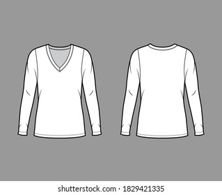 Deep V-neck jersey sweater technical fashion illustration with long sleeves, oversized body, tunic length. Flat shirt apparel template front back white color. Women men unisex outfit top  mockup