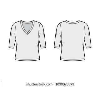 Deep V-neck jersey sweater technical fashion illustration with elbow sleeves, oversized body. Flat shirt apparel template front, back grey color. Women, men unisex outfit top CAD mockup