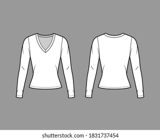 Deep V-neck jersey sweater technical fashion illustration with long sleeves, close-fitting shape. Flat apparel shirt template front, back, white color. Women men, unisex outfit top CAD mockup