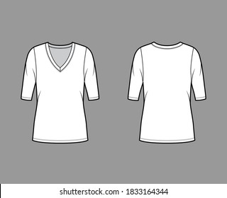 Deep V-neck jersey sweater technical fashion illustration with elbow sleeves, oversized body, tunic length. Flat shirt apparel template front, back white color. Women, men unisex outfit top CAD mockup
