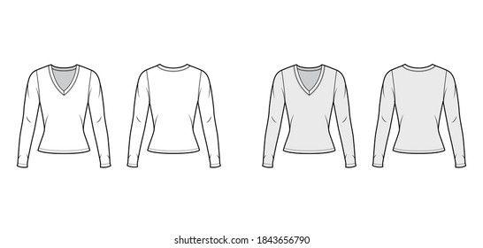 Deep V-neck jersey sweater technical fashion illustration with long sleeves, close-fitting shape. Flat apparel shirt template front, back, white grey color. Women men, unisex outfit top CAD mockup