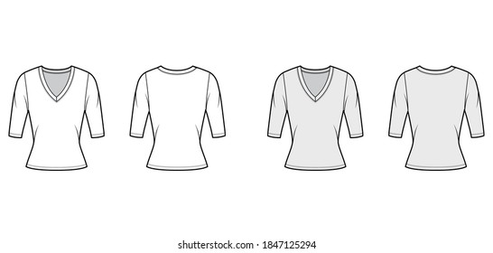 Deep V-neck jersey sweater technical fashion illustration with elbow sleeves, close-fitting shape. Flat shirt apparel template front, back, white grey color. Women, men, unisex outfit top CAD mockup