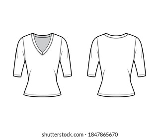 Deep V-neck jersey sweater technical fashion illustration with elbow sleeves, close-fitting shape. Flat shirt apparel template front, back, white color. Women, men, unisex outfit top CAD mockup