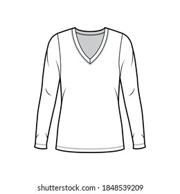 Deep V-neck jersey sweater technical fashion illustration with long sleeves, oversized body, tunic length. Flat shirt apparel template front white color. Women men unisex outfit top CAD mockup