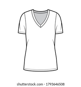 Deep V-neck jersey t-shirt technical fashion illustration with short sleeves, oversized body, tunic length. Flat top apparel template front, white color. Women, men, unisex outfit CAD mockup