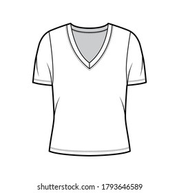 Deep V-neck jersey t-shirt technical fashion illustration with short sleeves, oversized body. Flat top apparel template front, white color. Women, men unisex outfit CAD mockup