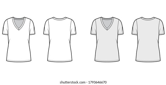 Deep V-neck jersey t-shirt technical fashion illustration with short sleeves, oversized body, tunic length. Flat top apparel template front, back, white grey color. Women, men unisex outfit CAD mockup