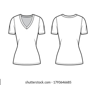 Deep V-neck jersey t-shirt technical fashion illustration with short sleeves, close-fitting shape, tunic length. Flat top apparel template front back white color. Women, men, unisex outfit CAD mockup