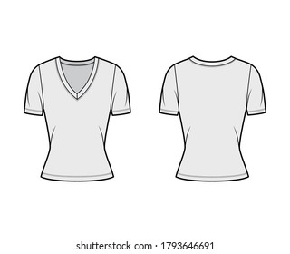 Deep V-neck jersey t-shirt technical fashion illustration with short sleeves, close-fitting shape. Flat top apparel template front, back grey color. Women, men, unisex outfit CAD mockup