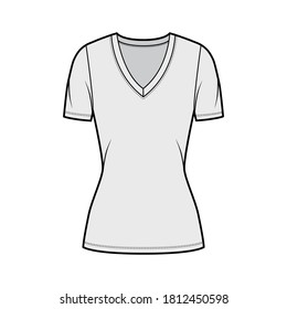 Deep V-neck jersey t-shirt technical fashion illustration with short sleeves, close-fitting shape, tunic length. Flat top apparel template front, grey color. Women, men, unisex outfit CAD mockup