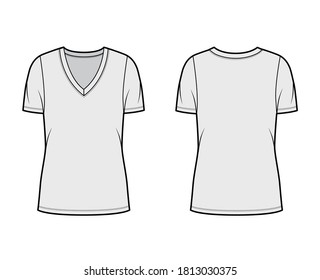 Deep V-neck jersey t-shirt technical fashion illustration with short sleeves, oversized body, tunic length. Flat top apparel template front, back, grey color. Women, men, unisex outfit CAD mockup