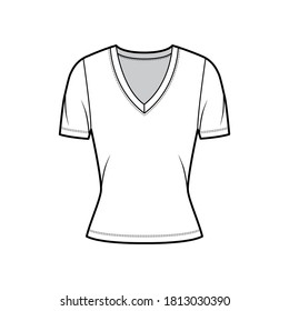 Deep V-neck jersey t-shirt technical fashion illustration with short sleeves, close-fitting shape. Flat top apparel template front, white color. Women, men, unisex outfit CAD mockup