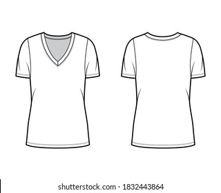 Deep V-neck jersey t-shirt technical fashion illustration with short sleeves, oversized body, tunic length. Flat top apparel template front, back, white color. Women, men, unisex outfit CAD mockup