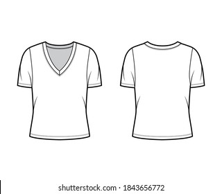 Deep V-neck jersey t-shirt technical fashion illustration with short sleeves, oversized body. Flat top apparel template front, back white color. Women, men unisex outfit CAD mockup