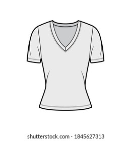 Deep V-neck jersey t-shirt technical fashion illustration with short sleeves, close-fitting shape. Flat top apparel template front, grey color. Women, men, unisex outfit CAD mockup