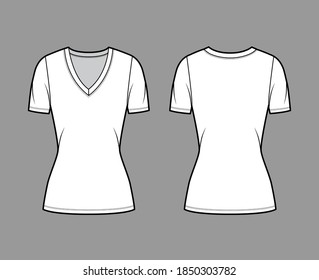 Deep V-neck jersey t-shirt technical fashion illustration with short sleeves, close-fitting shape, tunic length. Flat top apparel template front, back white color. Women, men, unisex outfit CAD mockup