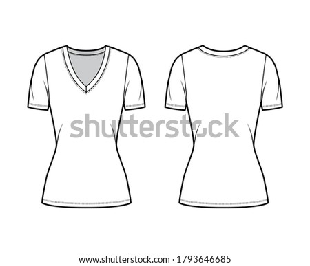 Deep V-neck jersey t-shirt technical fashion illustration with short sleeves, close-fitting shape, tunic length. Flat top apparel template front back white color. Women, men, unisex outfit CAD mockup