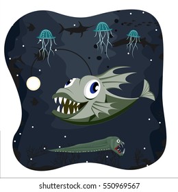 Deep water angler fish on dark background with marine life