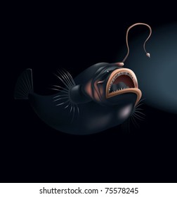 Deep water angler, scary sea devil, vector illustration