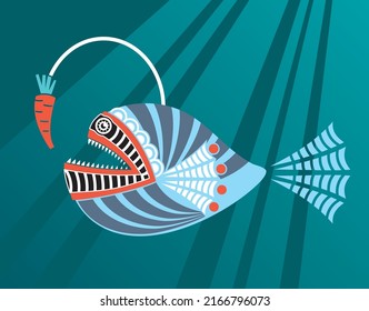 Deep Water Creatures Humorous Illustration - Angler After its Carrot