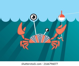 Deep Water Creatures Humorous Illustration - Crab Cutting Fishing Line